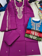 Elegant Grey Roman Silk 3pc Kurta Pant Set with Zari Dupatta