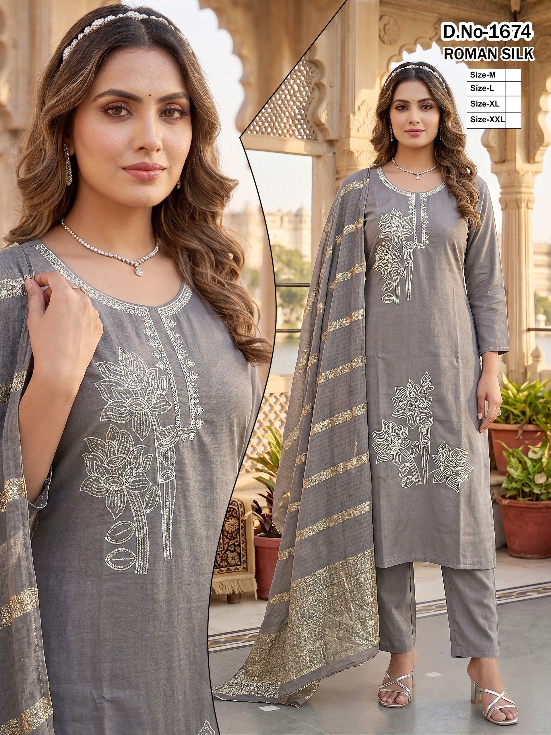 Elegant Grey Roman Silk 3pc Kurta Pant Set with Zari Dupatta