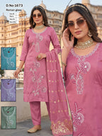 Roman Silk 3pc Kurta Pant Set with Fancy Wine Dupatta