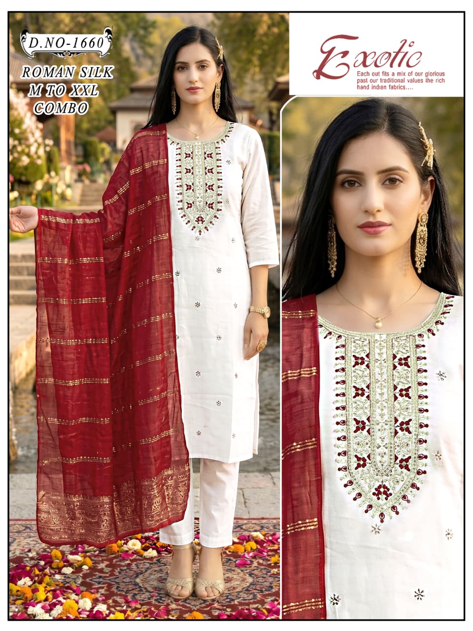 Exotic Off-White Roman Silk 3pc Kurta Pant Set with Maroon Dupatta