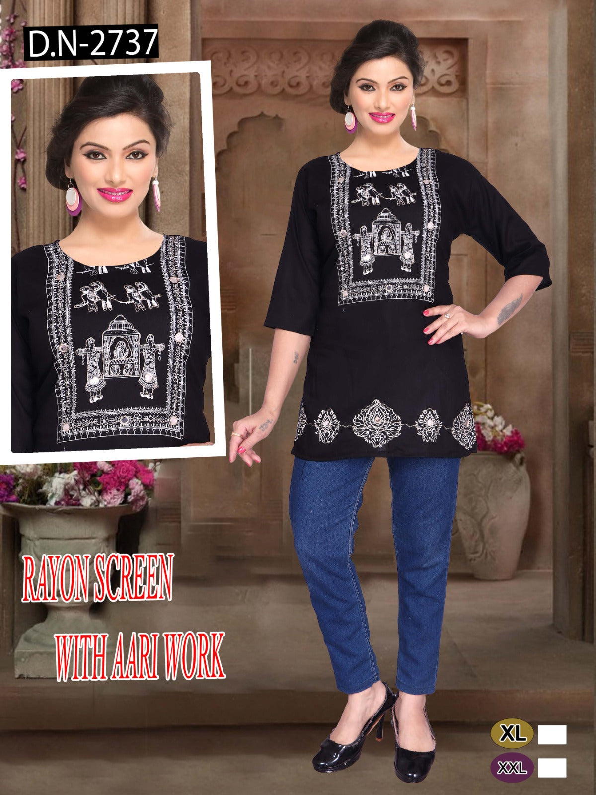 Chic Black Rayon Lakhnawi Work Short Top one more size