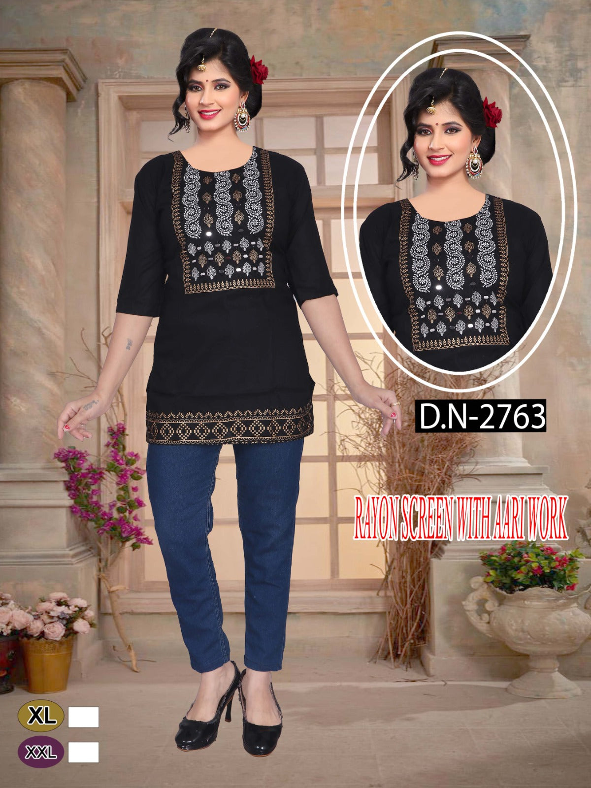 Chic Black Rayon Lakhnawi Work Short Top one more size