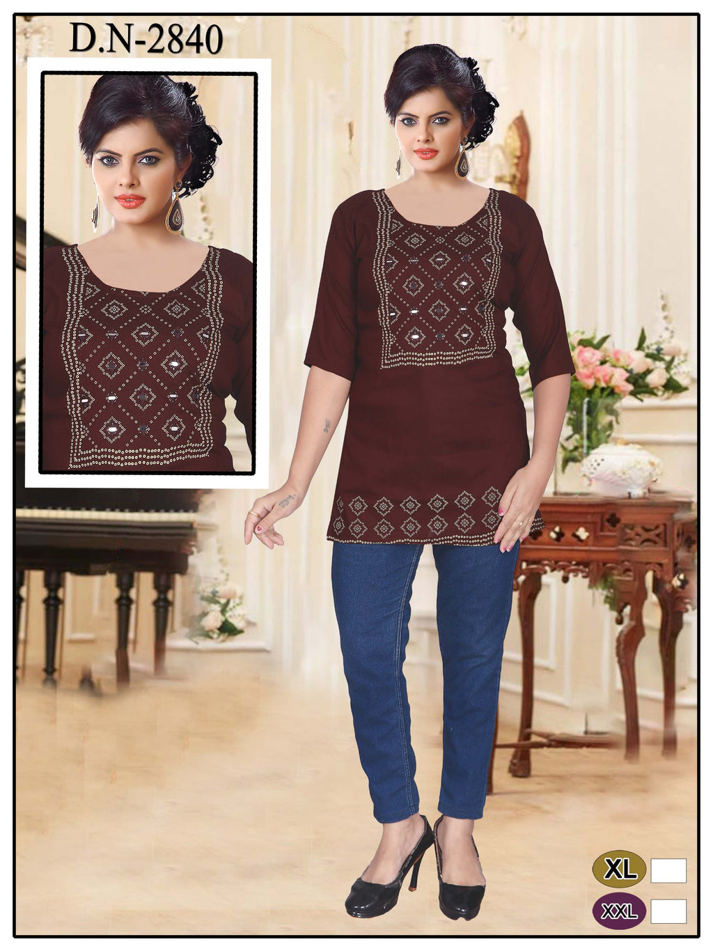 Chic Black Rayon Lakhnawi Work Short Top one more size
