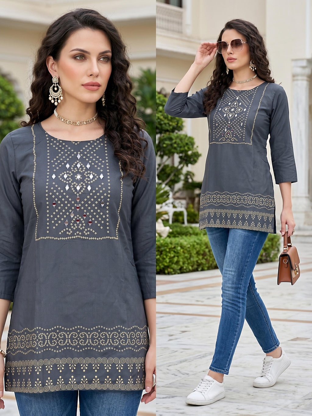 Chic Black Rayon Lakhnawi Work Short Top one more size