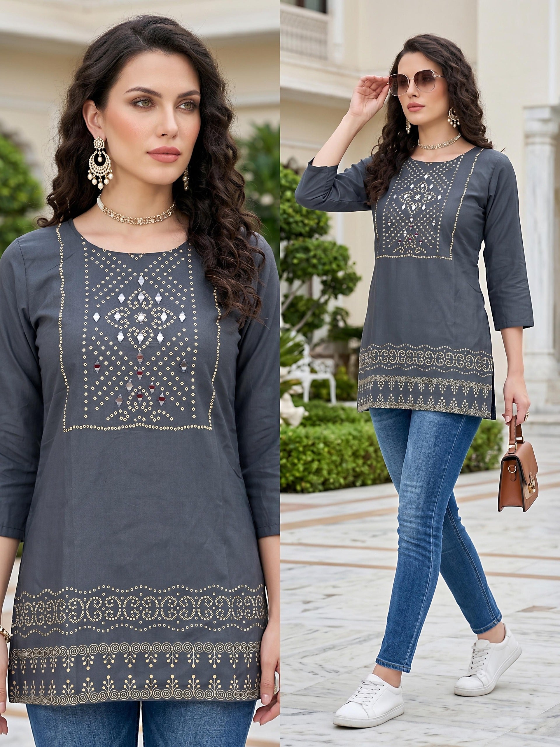 Chic Black Rayon Lakhnawi Work Short Top one more size