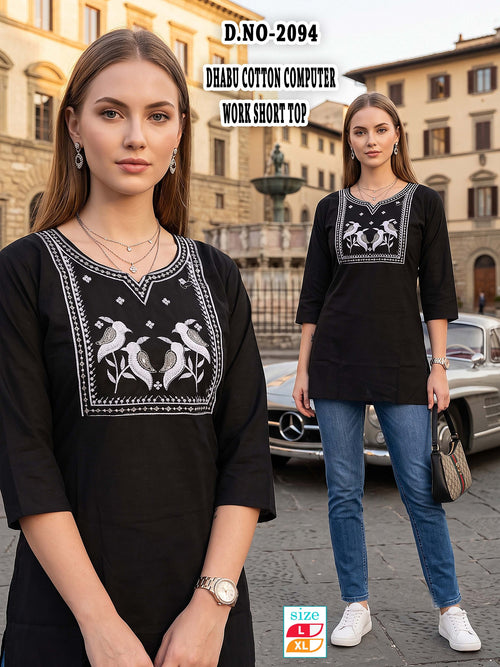 Chic Black Rayon Lakhnawi Embroidery Short Kurti / Top