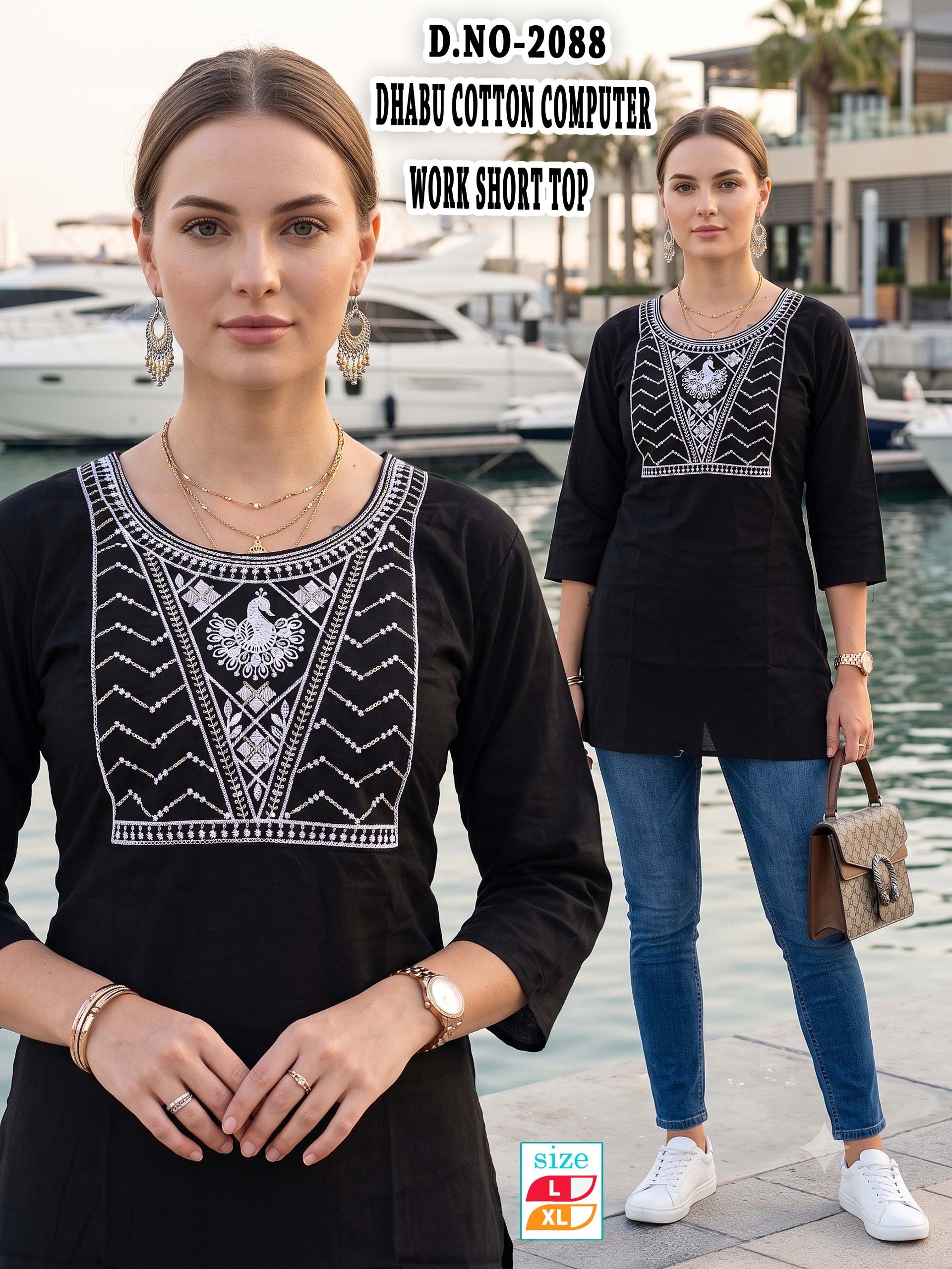 Chic Black Rayon Lakhnawi Embroidery Short Kurti / Top