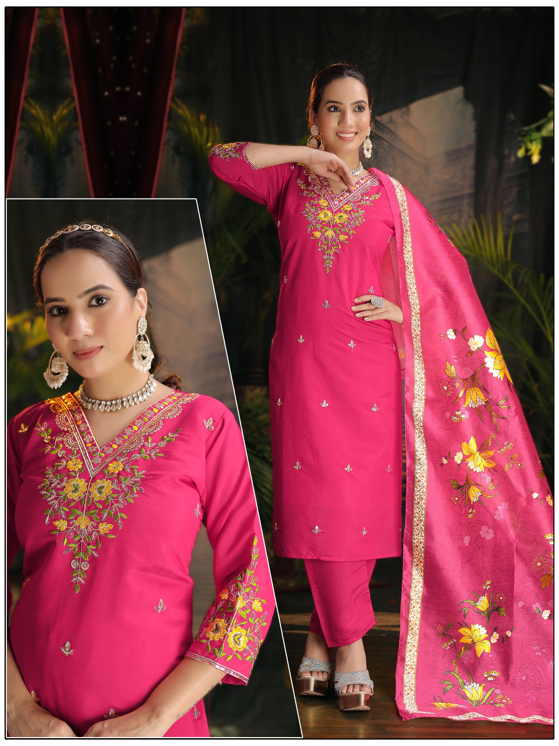 Elegant Roman Silk 3pc Suit Set – Premium Embroidered Kurti, Pant & Dupatta Set