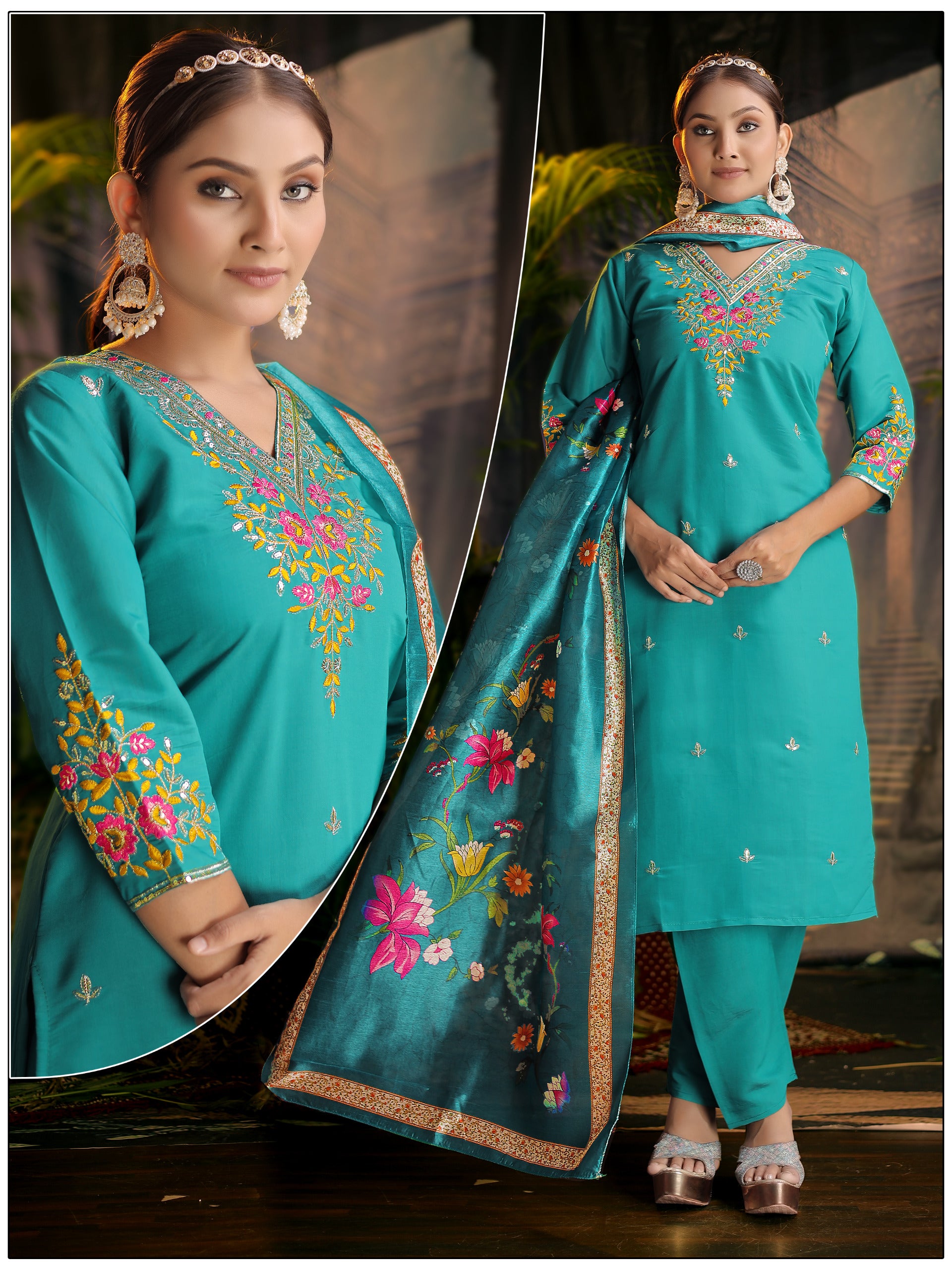 Elegant Roman Silk 3pc Suit Set – Premium Embroidered Kurti, Pant & Dupatta Set