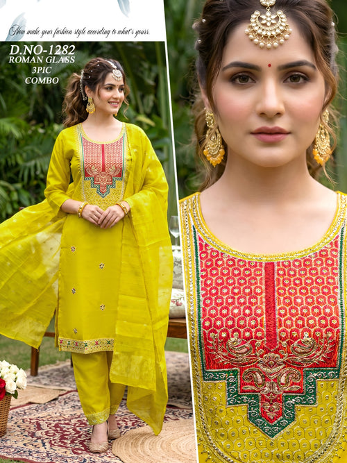Designer Roman Silk 3pc Suit Set – Premium Embroidered Kurti, Pant & Dupatta Combo