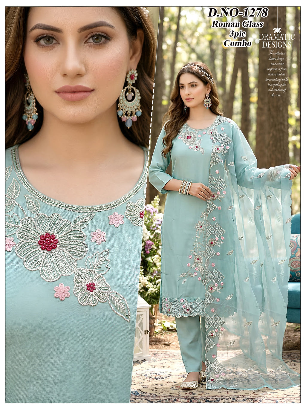 Designer Roman Silk 3pc Suit Set – Premium Embroidered Kurti, Pant & Dupatta Combo