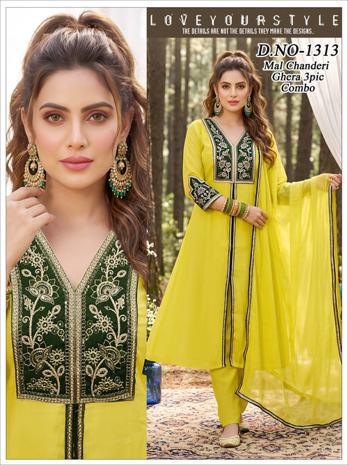 Designer Mal Chanderi Heavy Ghera 3pc Suit Set