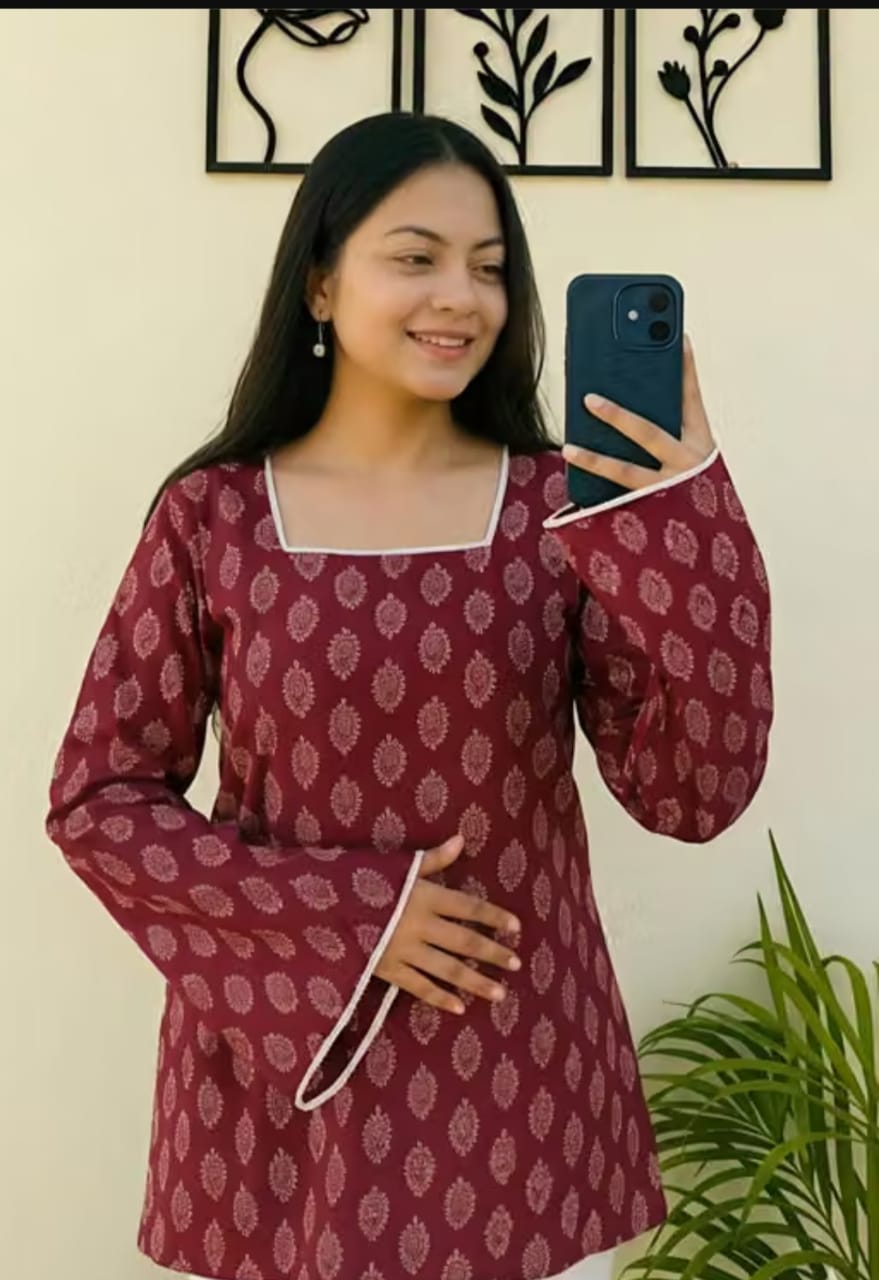 Trendy Floral Printed Cotton Short Kurti – Elegant Boat Neck Tunic with Bell Sleeves