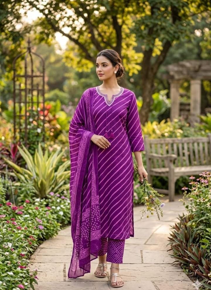 Pure Cotton 60*60 Leheriya Printed 3-Piece Kurti Pant Dupatta Set (Sizes 3XL to 6XL)