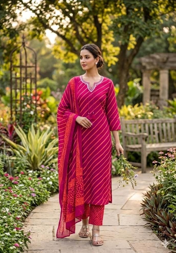 Pure Cotton 60*60 Leheriya Printed 3-Piece Kurti Pant Dupatta Set (Sizes 3XL to 6XL)