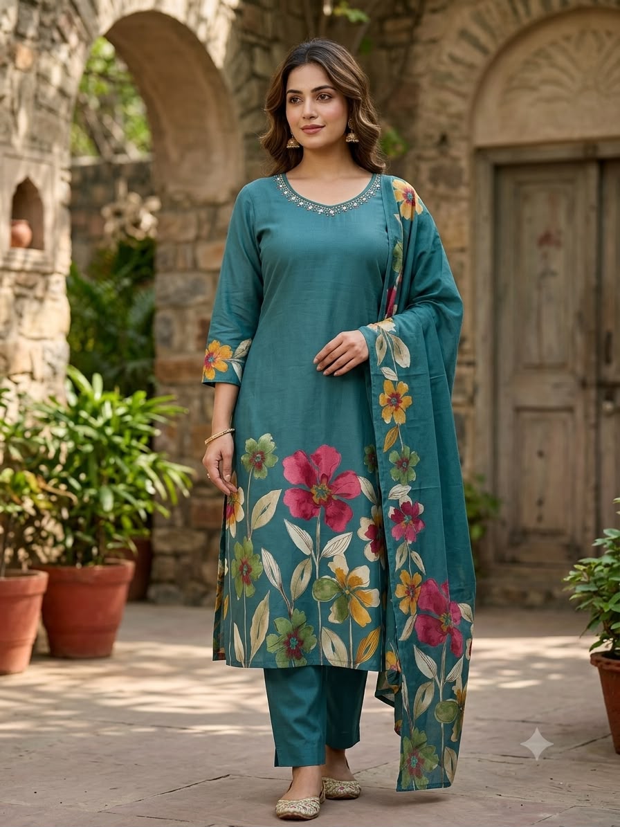 New Concept Premium Cotton Floral Printed 3-Piece Kurti Pant Dupatta Set (Sizes 46 to 54)