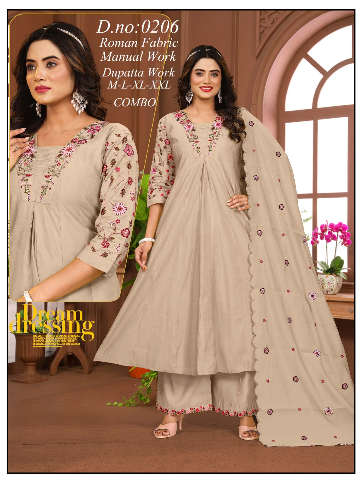 New Concept Premium Cotton Floral Printed 3-Piece Kurti Pant DupDesigner Roman Silk Embroidered Frock Style Kurti with Plazo & Cutwork Chunni Setatta Set (Sizes 46 to 54) (Copy)