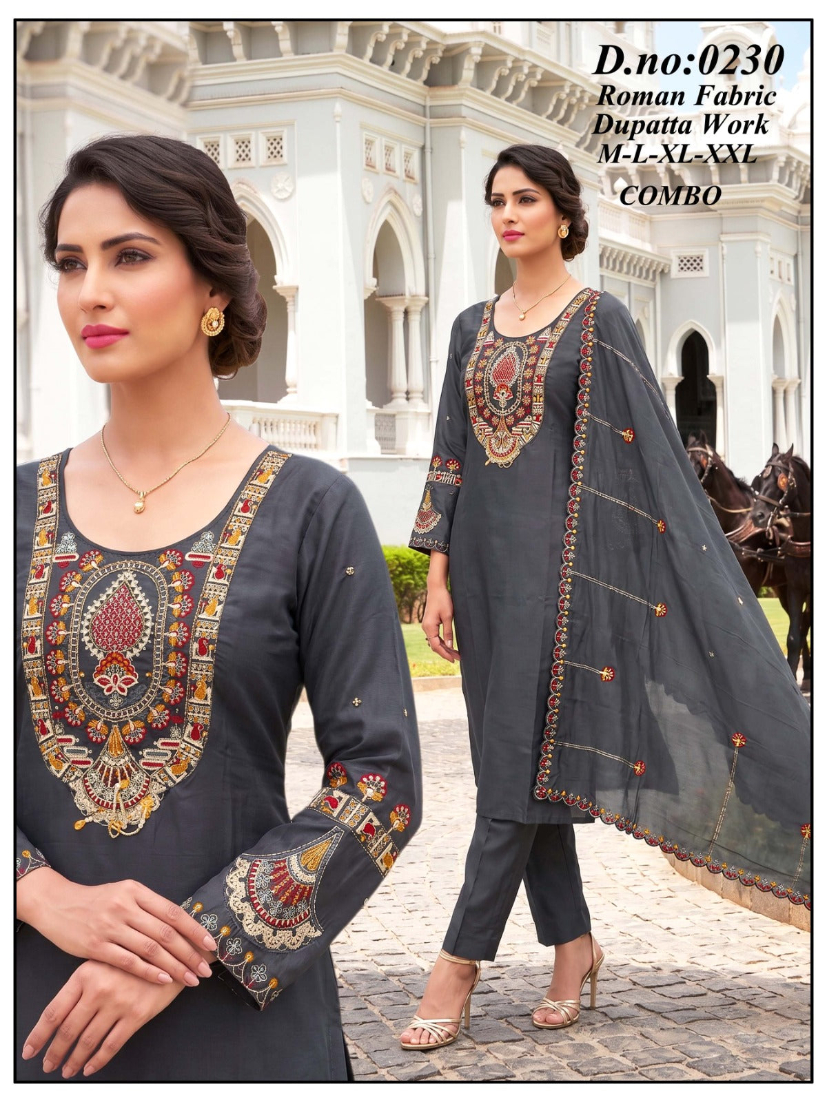 Designer Roman Silk Kurti Pant Set with Heavy Embroidered Dupatta