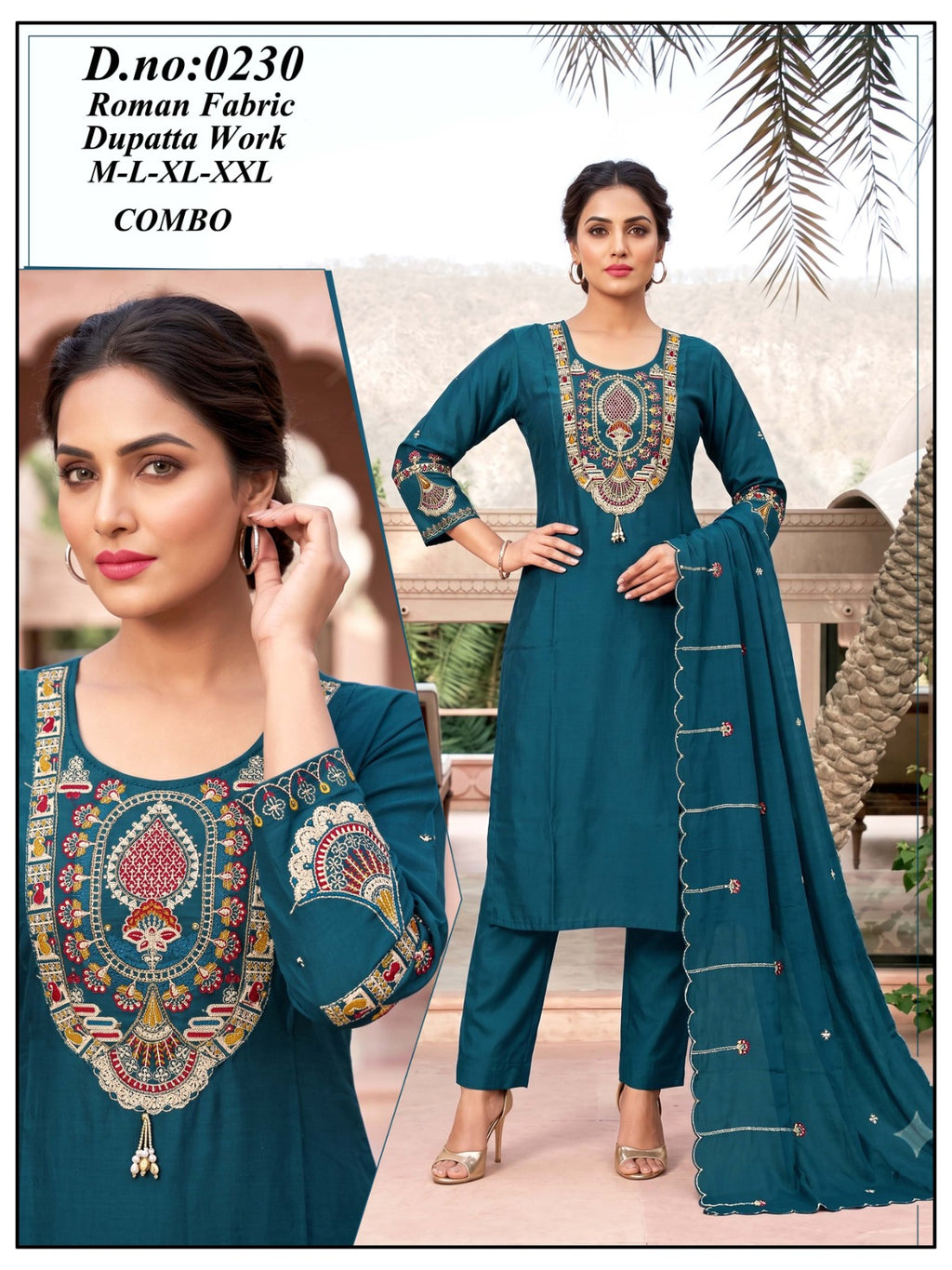 Designer Roman Silk Kurti Pant Set with Heavy Embroidered Dupatta