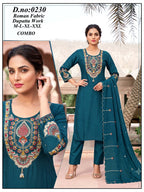 Designer Roman Silk Kurti Pant Set with Heavy Embroidered Dupatta