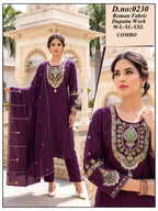Designer Roman Silk Kurti Pant Set with Heavy Embroidered Dupatta