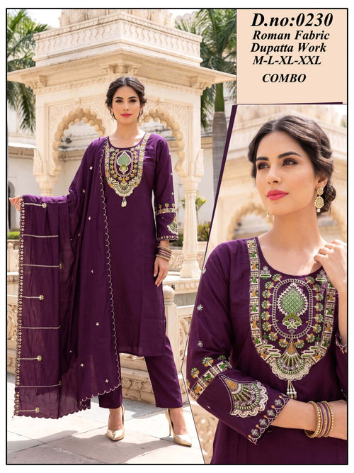 Designer Roman Silk Kurti Pant Set with Heavy Embroidered Dupatta