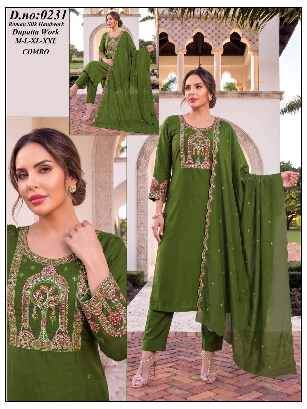 Elegant Olive Green Roman Silk Handwork Kurti Pant Set with Dupatta