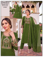 Elegant Olive Green Roman Silk Handwork Kurti Pant Set with Dupatta