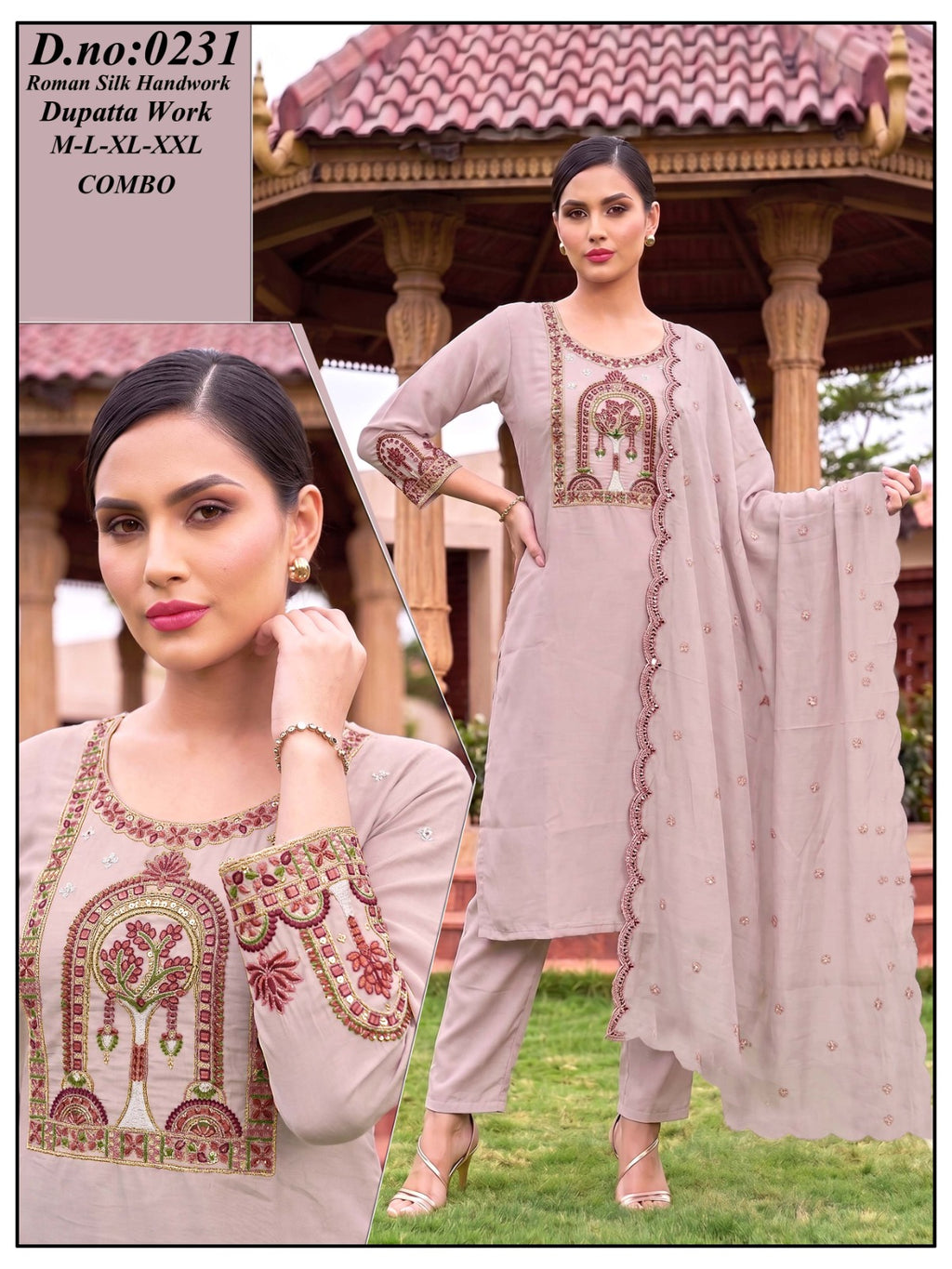 Elegant Olive Green Roman Silk Handwork Kurti Pant Set with Dupatta