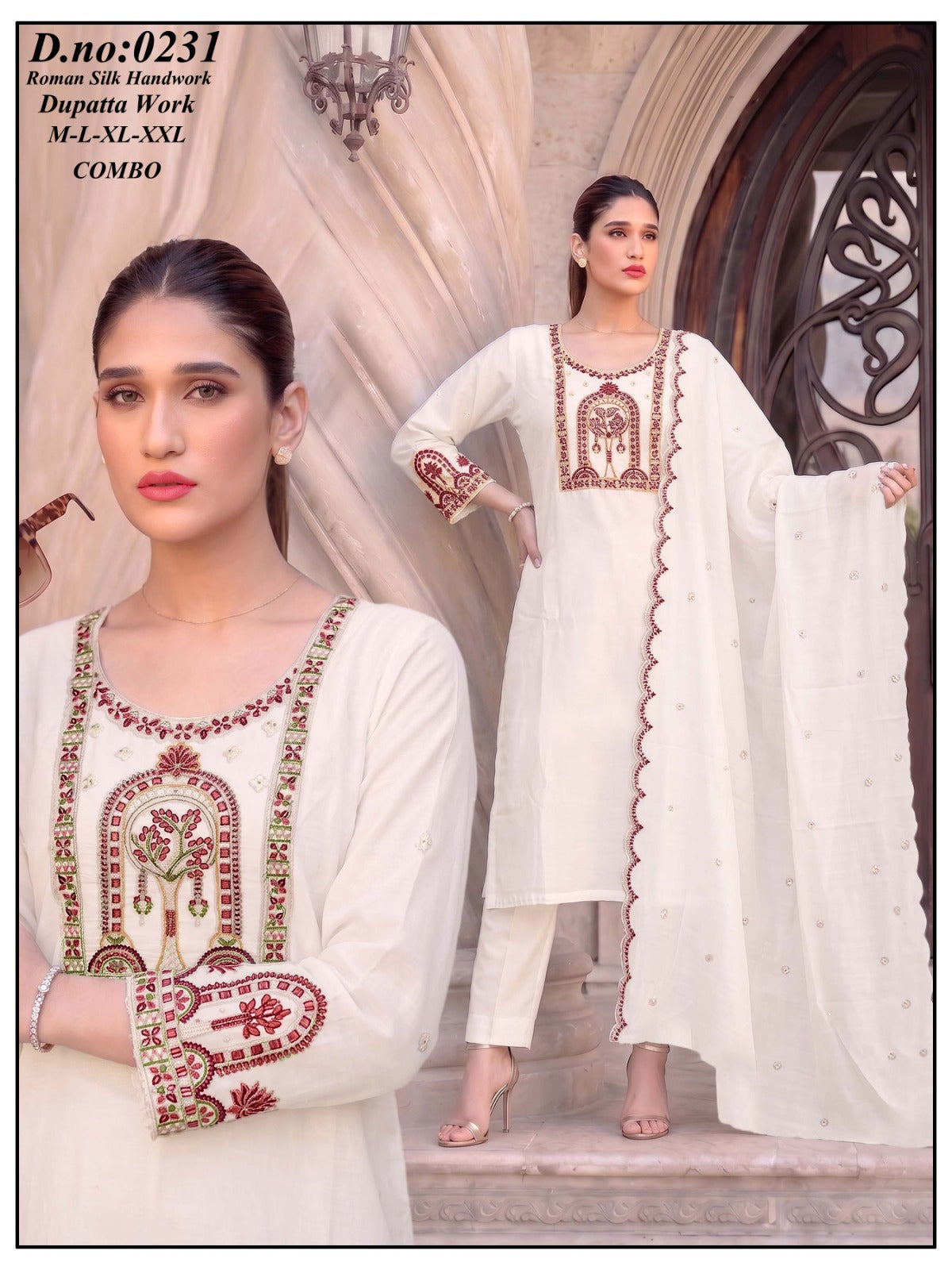 Elegant Olive Green Roman Silk Handwork Kurti Pant Set with Dupatta