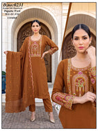 Elegant Olive Green Roman Silk Handwork Kurti Pant Set with Dupatta