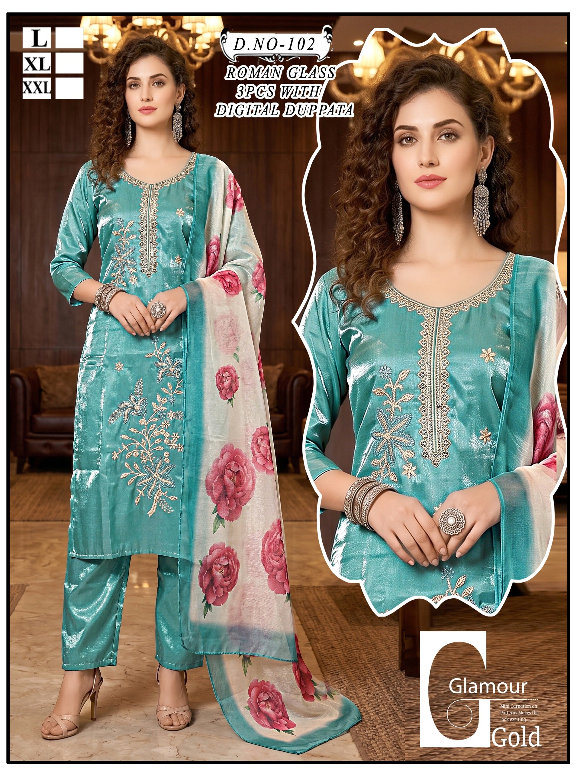 Stylish Sea Green Roman Glass Silk 3Pcs Suit Set with Digital Printed Dupatta
