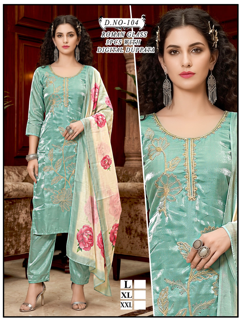 Stylish Sea Green Roman Glass Silk 3Pcs Suit Set with Digital Printed Dupatta