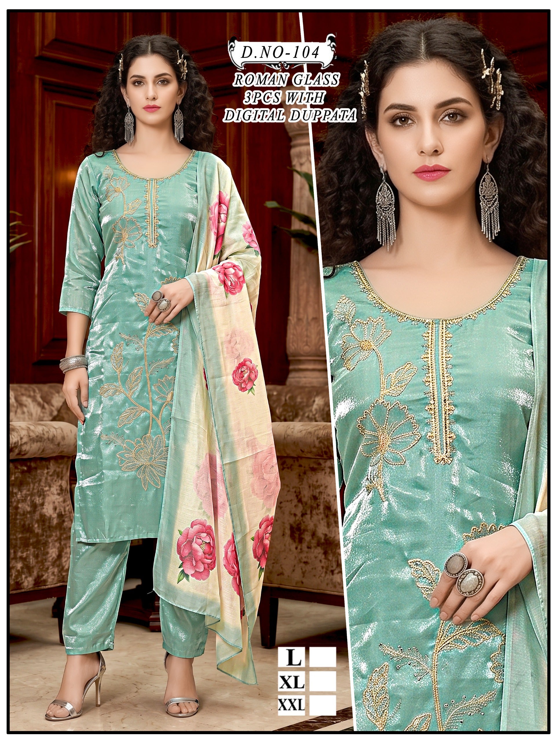 Stylish Sea Green Roman Glass Silk 3Pcs Suit Set with Digital Printed Dupatta