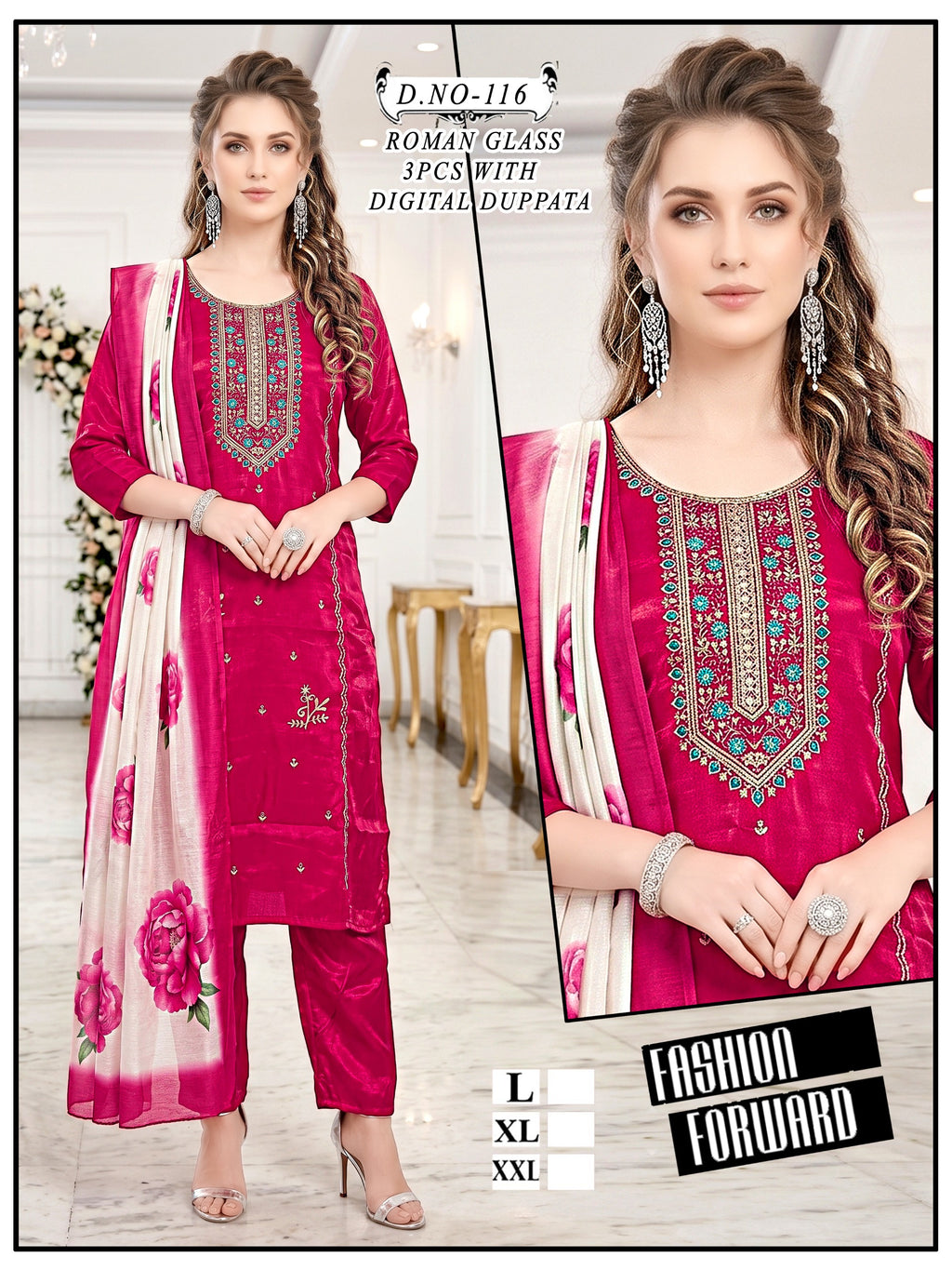 Stylish Sea Green Roman Glass Silk 3Pcs Suit Set with Digital Printed Dupatta