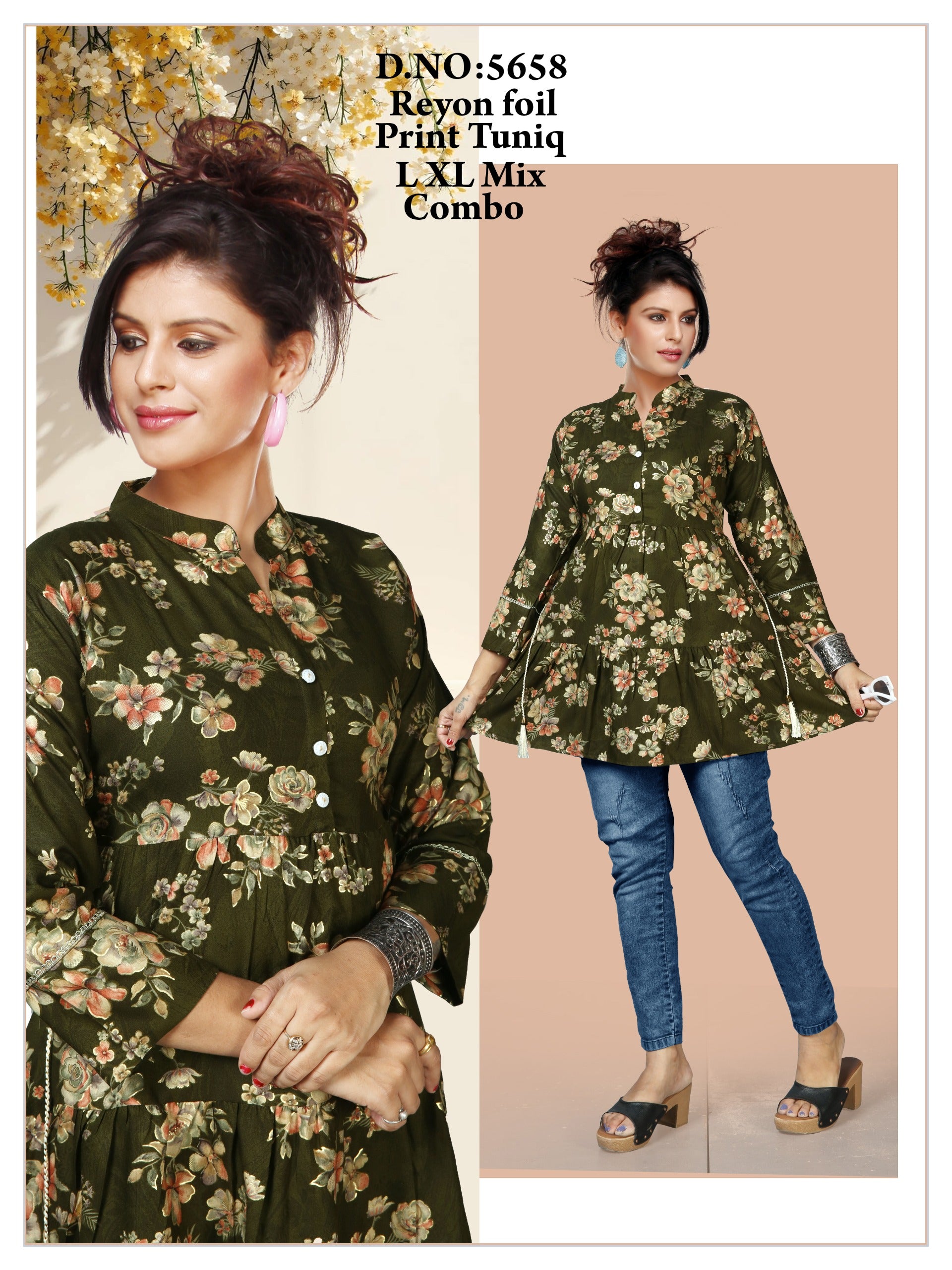 Women's Premium 22kg Heavy Rayon Floral Foil Print Peplum Short Kurti / Tunic Combo