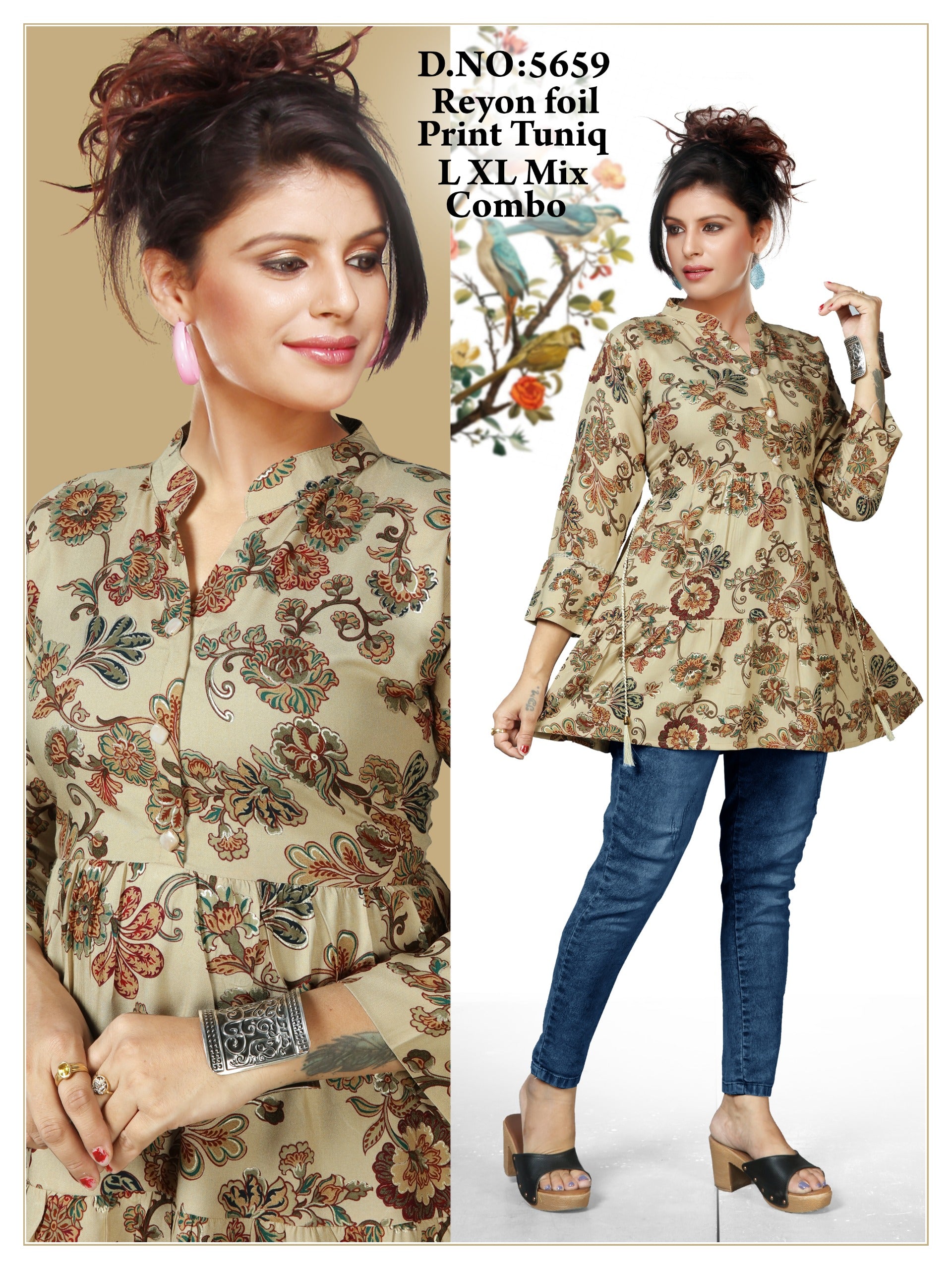 Women's Premium 22kg Heavy Rayon Floral Foil Print Peplum Short Kurti / Tunic Combo
