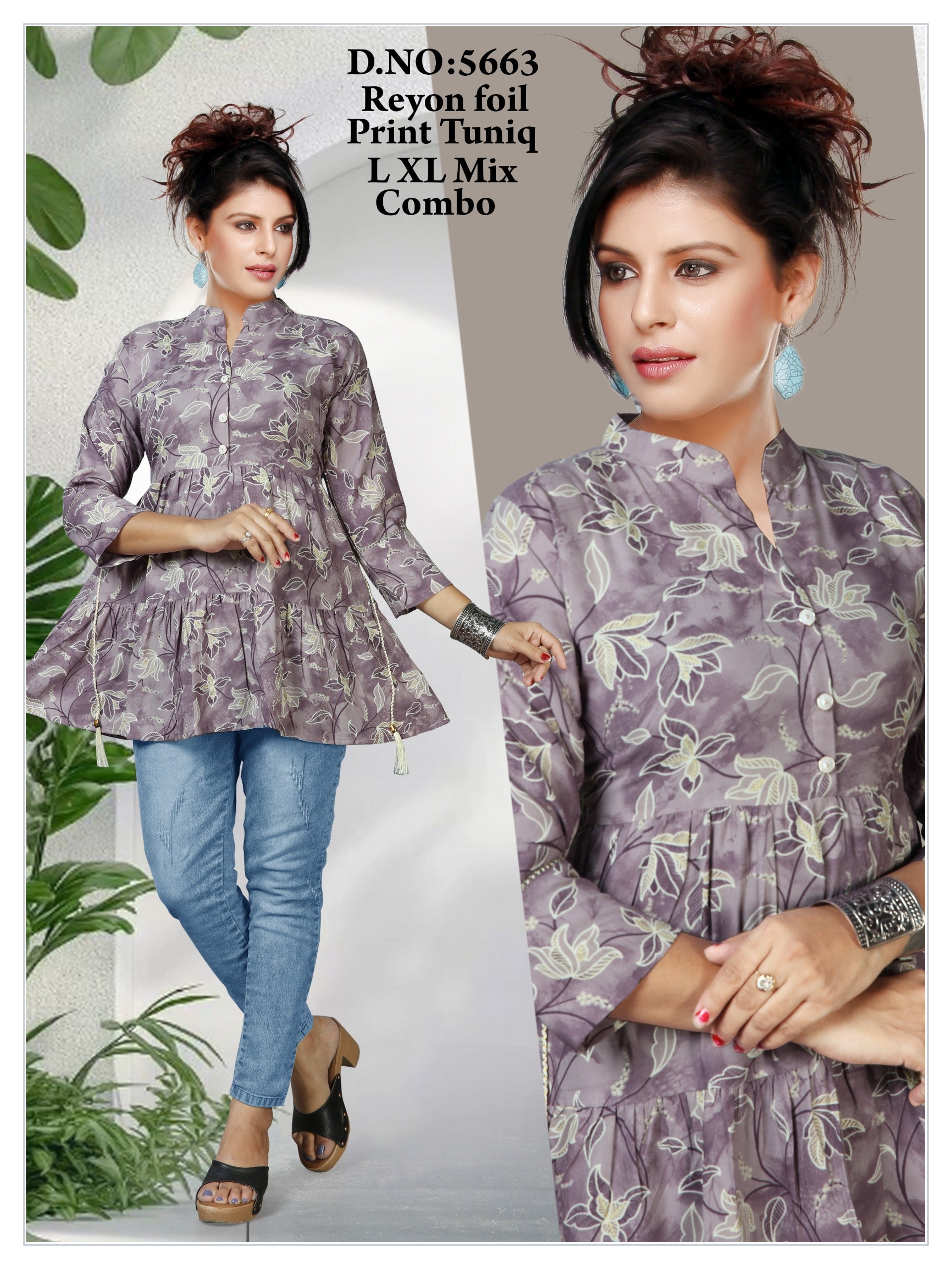 Women's Premium 22kg Heavy Rayon Floral Foil Print Peplum Short Kurti / Tunic Combo