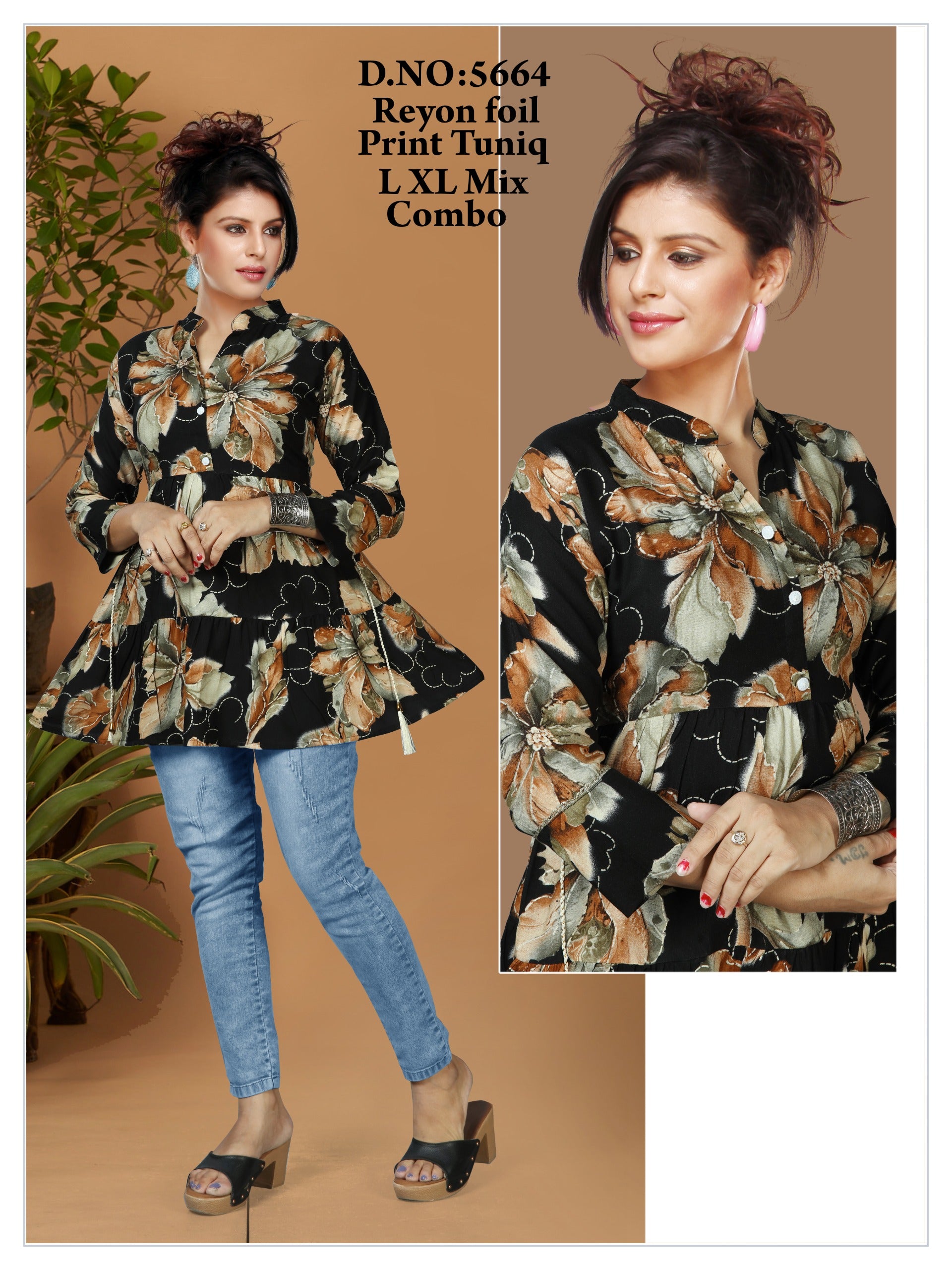Women's Premium 22kg Heavy Rayon Floral Foil Print Peplum Short Kurti / Tunic Combo