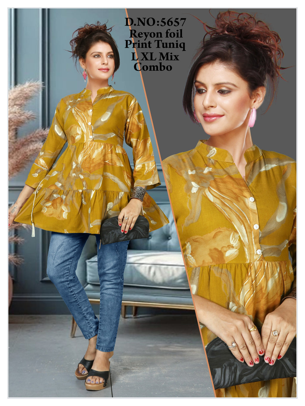 Women's Premium 22kg Heavy Rayon Floral Foil Print Peplum Short Kurti / Tunic Combo