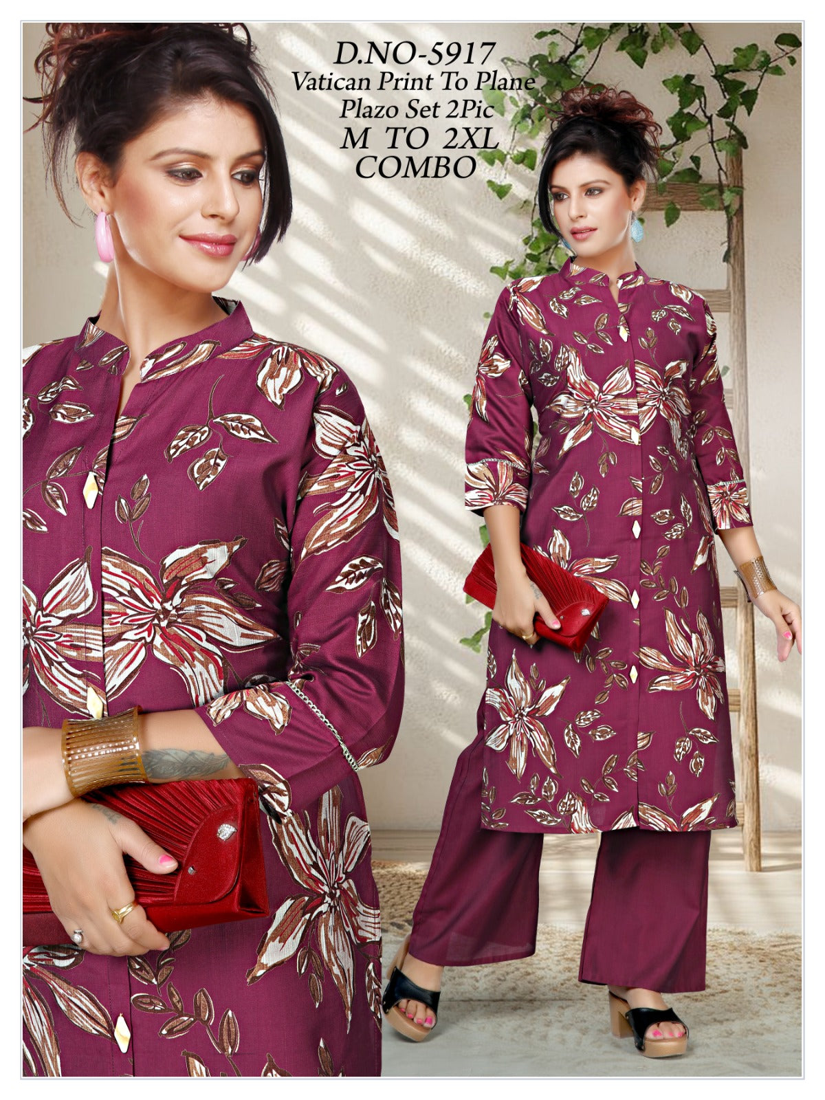 Women's Vatican Discharge Print Collar A-Line Kurti with Plain Plazo Co-Ord Set(2-Piece)