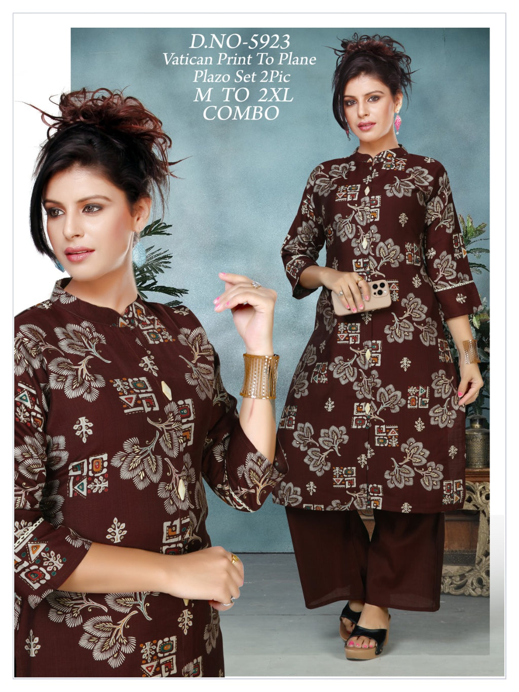 Women's Vatican Discharge Print Collar A-Line Kurti with Plain Plazo Co-Ord Set(2-Piece)