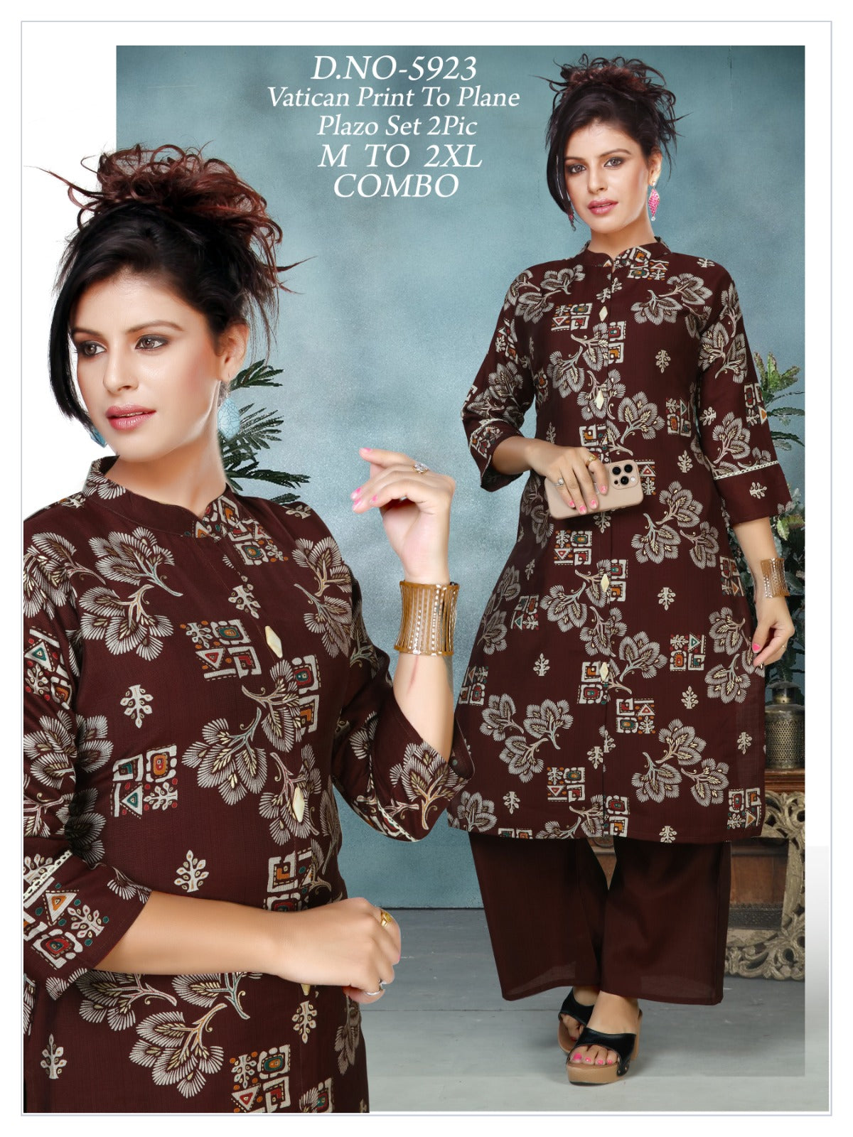 Women's Vatican Discharge Print Collar A-Line Kurti with Plain Plazo Co-Ord Set(2-Piece)