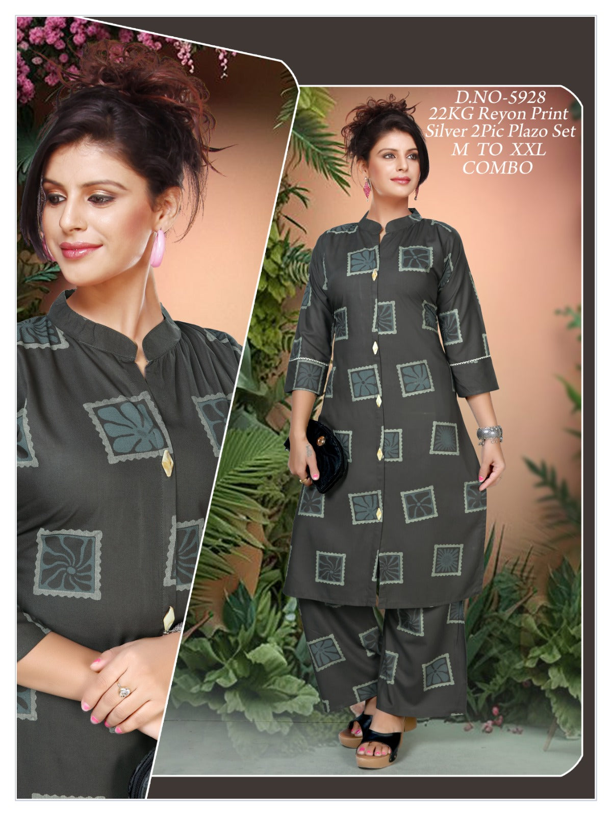 Women's Discharge Print Collar A-Line Kurti with Plain Plazo Co-Ord Set