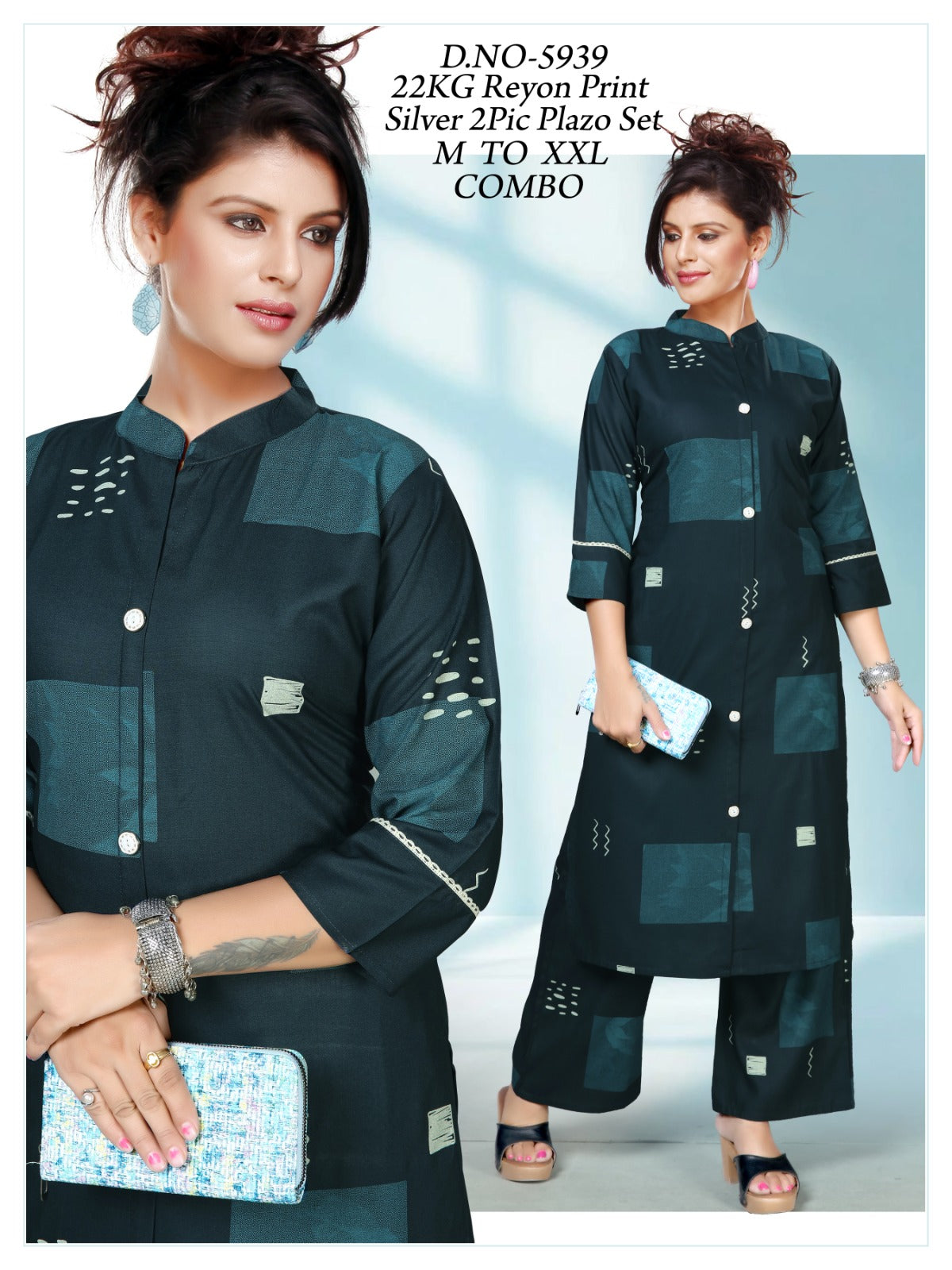 Women's Discharge Print Collar A-Line Kurti with Plain Plazo Co-Ord Set
