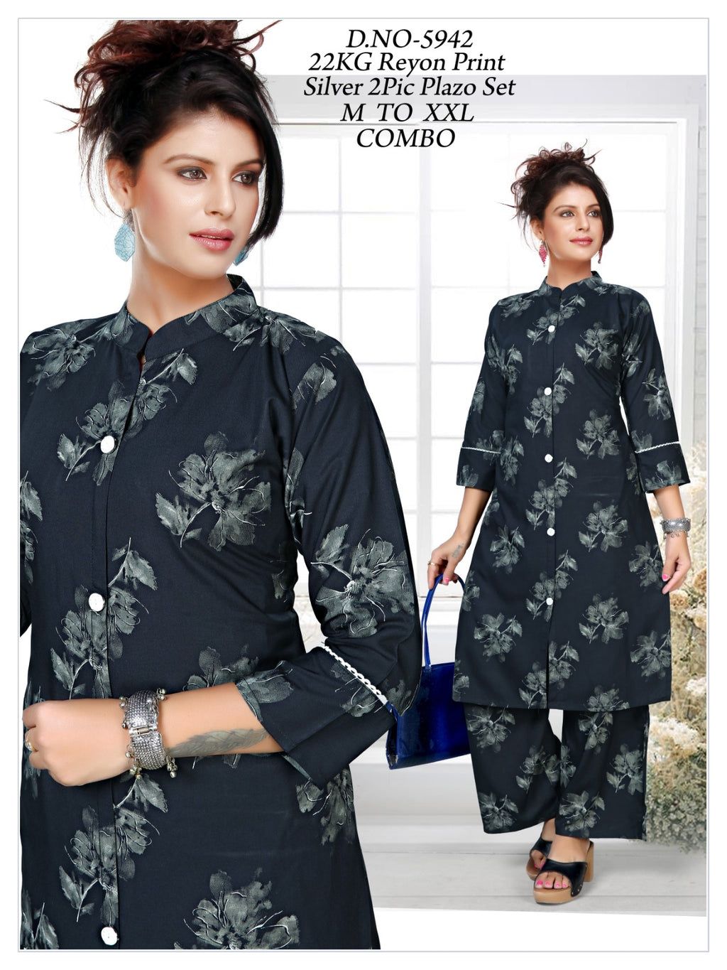 Women's Discharge Print Collar A-Line Kurti with Plain Plazo Co-Ord Set