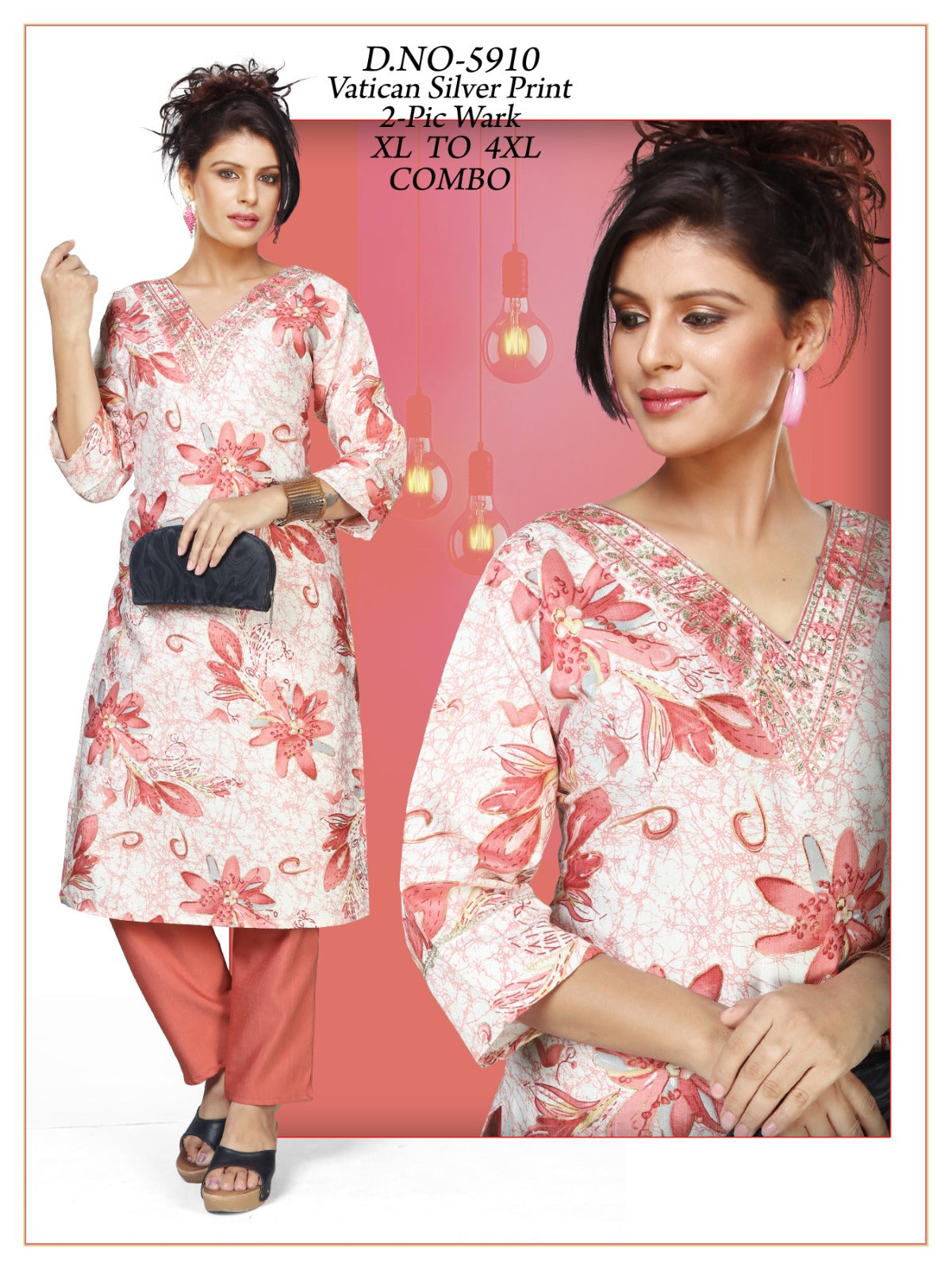 Women's Vatican Silver Print V-Neck Kurti with Matching Pant 2-Piece Set