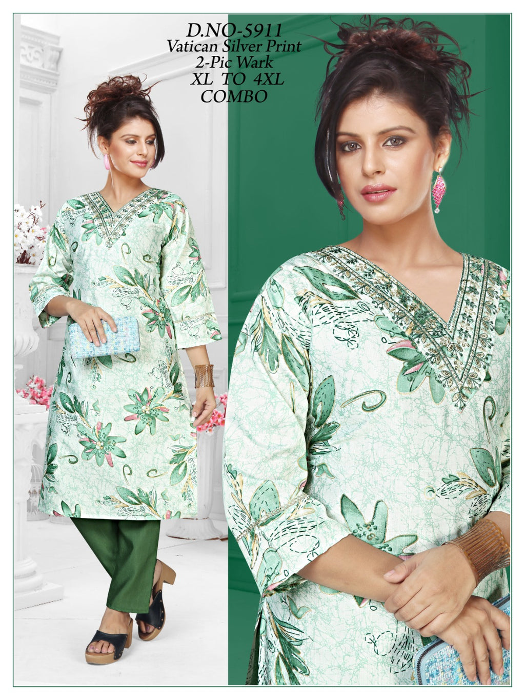 Women's Vatican Silver Print V-Neck Kurti with Matching Pant 2-Piece Set