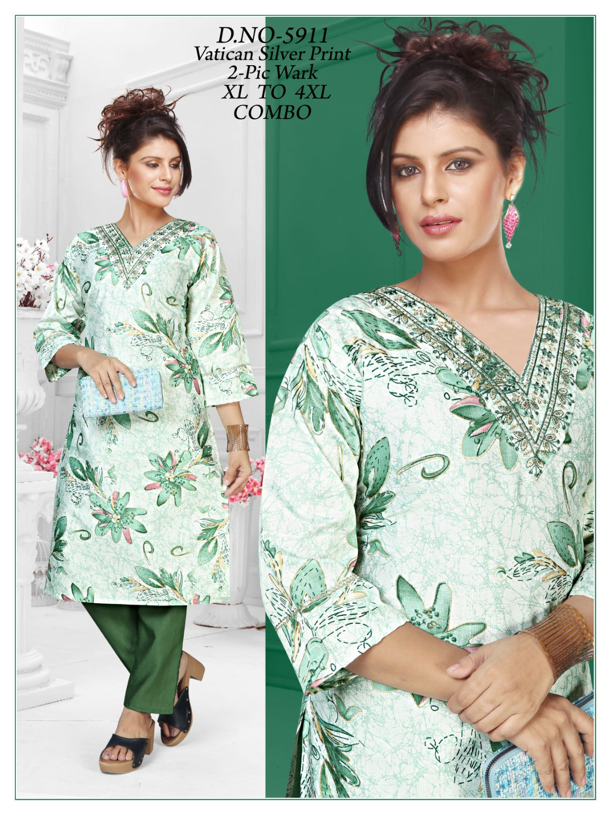Women's Vatican Silver Print V-Neck Kurti with Matching Pant 2-Piece Set