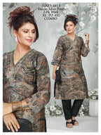 Women's Vatican Silver Print V-Neck Kurti with Matching Pant 2-Piece Set